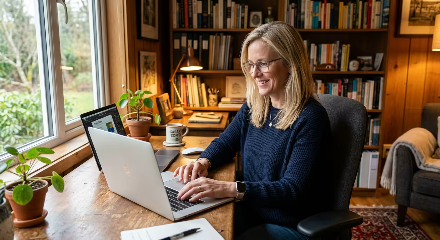 A woman in her early 50s working at a laptop in a warm home office